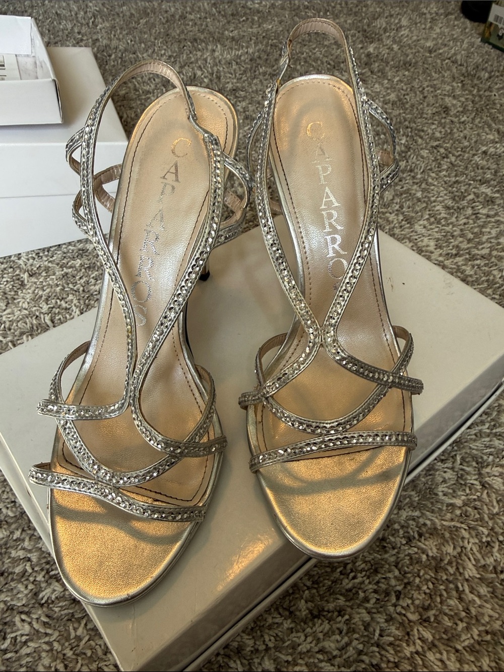 Caparros Silver Crystal-Strap Slingback Heels